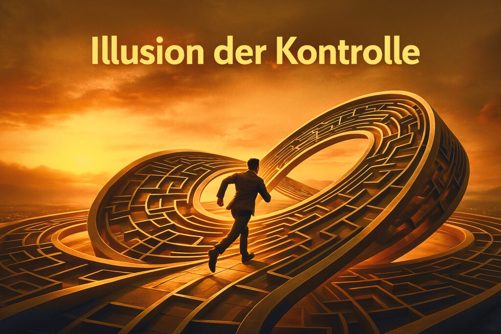 Illusion der Kontrolle: Symbolische Möbius-Schleife zeigt die Spannung zwischen Handlung und Einfluss im Finanzverhalten.