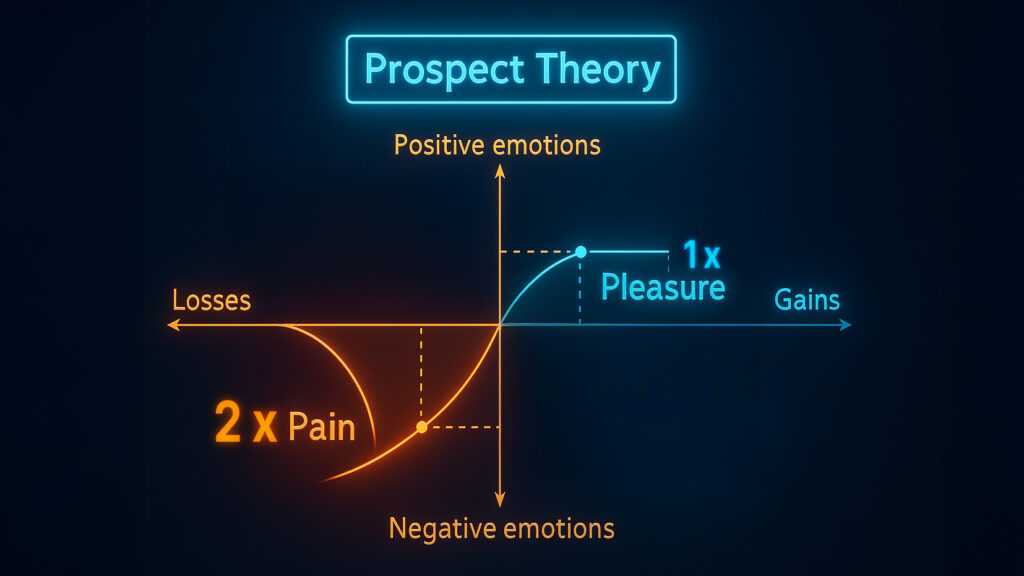 Neon-Diagramm zur Loss Aversion: Verluste schmerzen psychologisch etwa doppelt so stark wie gleich hohe Gewinne. Psychologie des Verlusts.