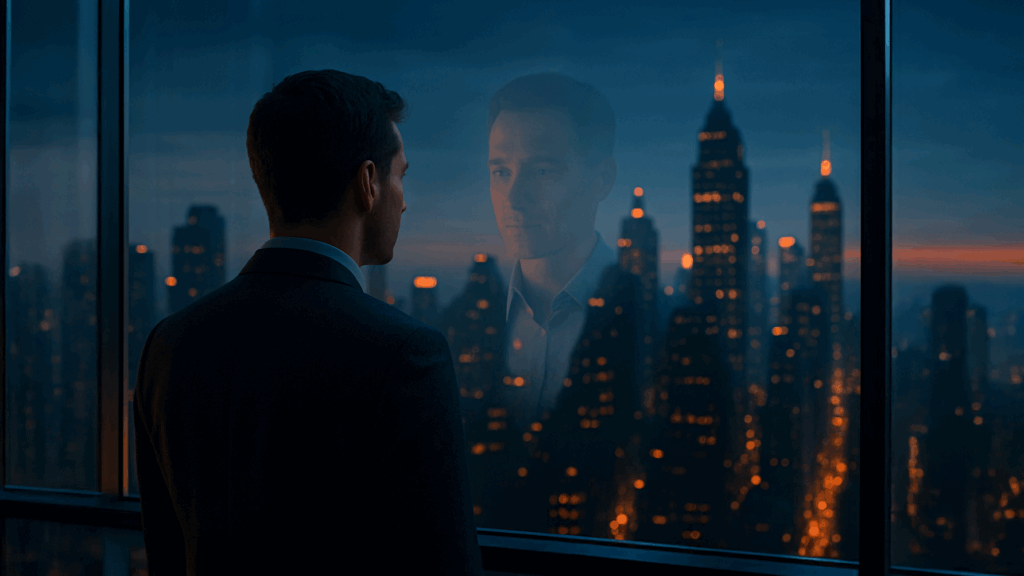 Ein Mann reflektiert vor der Stadt über Selbstwert und Geld, um stärker und bewusster zu investieren.