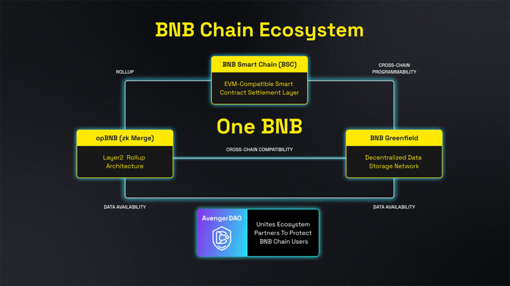 BNB Smart Chain Ökosystem erklärt. Diagramm zeigt Cross-Chain Struktur, Rollups und zentrale Komponenten des Netzwerks