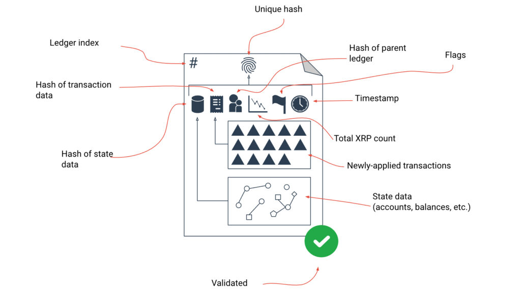 XRP Ledger Elements Chart. Diagramm erklärt den Transaktionsablauf, die Validierung und die endgültige Bestätigung im Ledger.