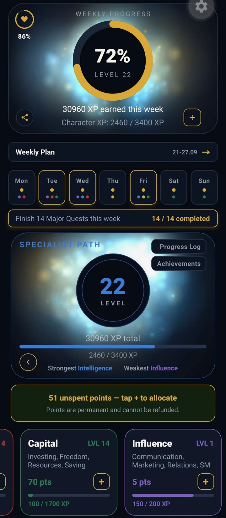 HerzLeveling App: Wochenfortschritt, Wochenplan und Level